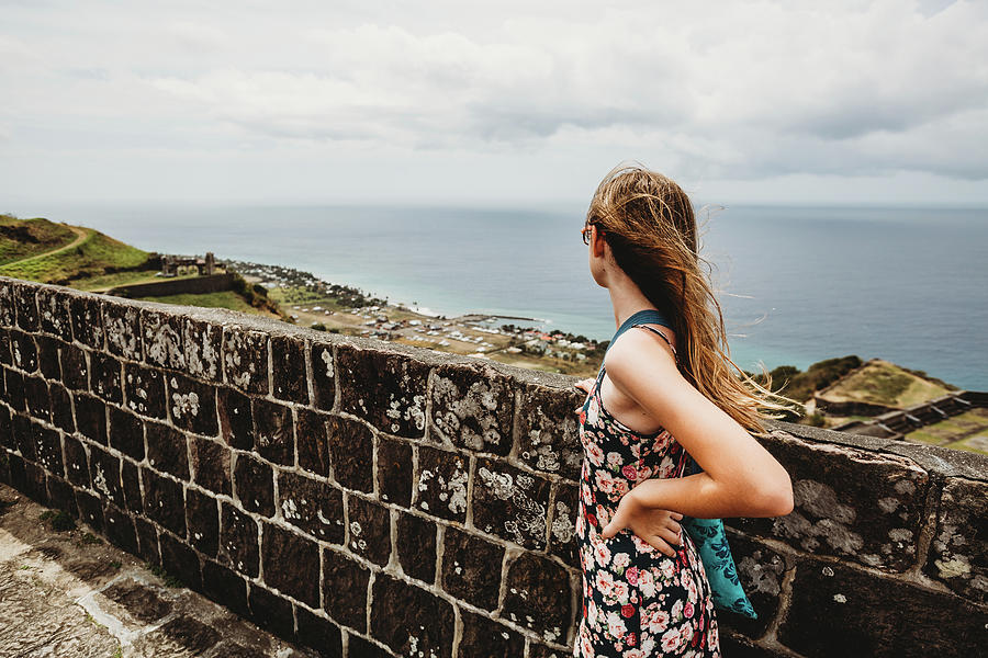 Monkey Photograph - Tween Girl Looks At Gorgeous View On St Kitts Cruise Port Stop by Cavan Images
