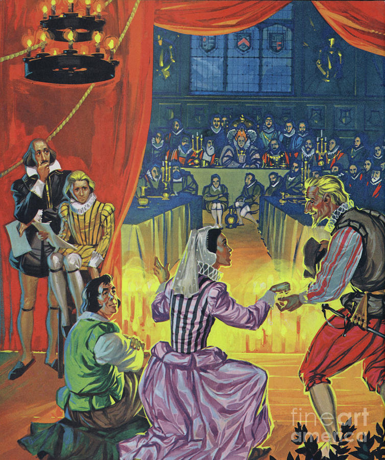 Twelfth Night in front of Queen Elizabeth I, with Shakespeare listening behind the curtain Painting by Angus McBride