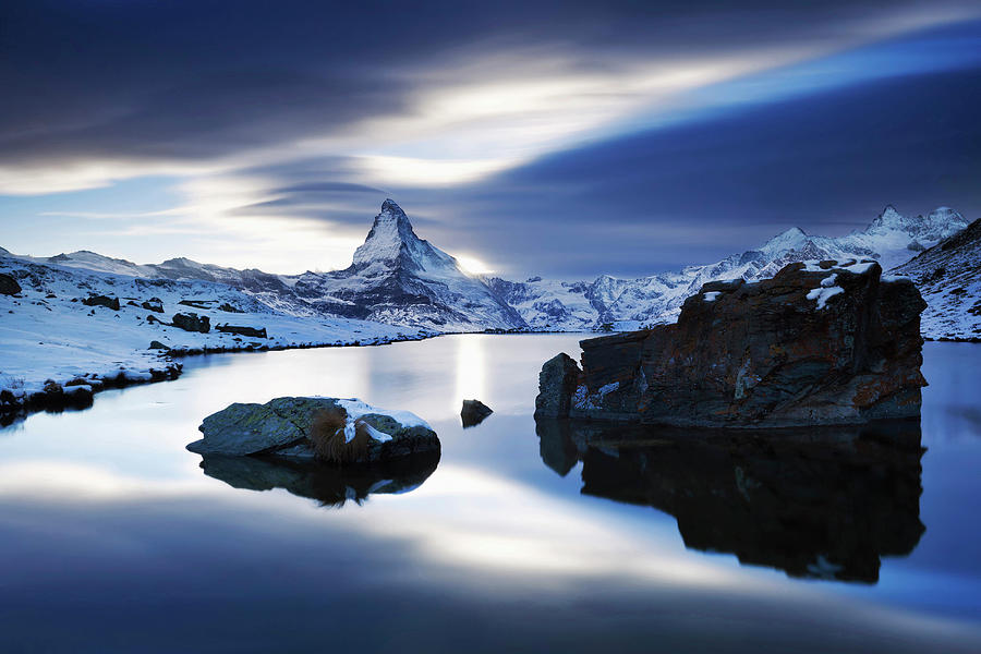 Fall Photograph - Twilight Above The Snow-covered Landscape Around Lake Stelli With The View Towards The Matterhorn In Autumn, Zermatt, Valais, Switzerland by Tobias Richter