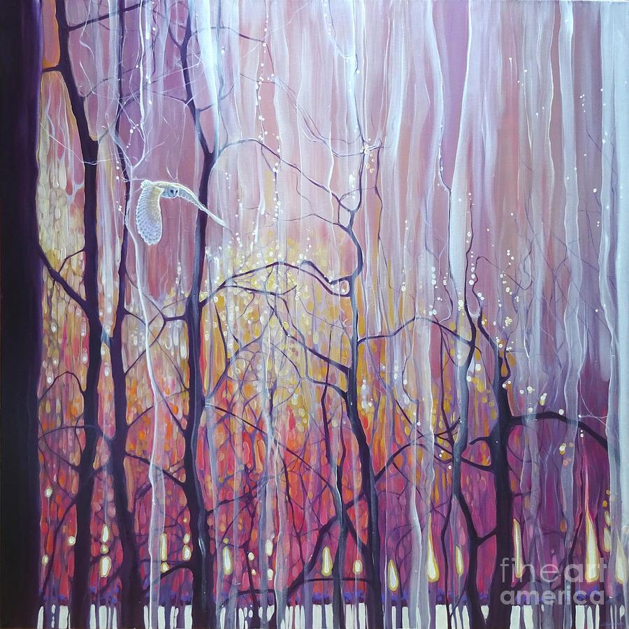 Twilight Grace - art nouveau forest sunset with white owl Painting by Gill Bustamante