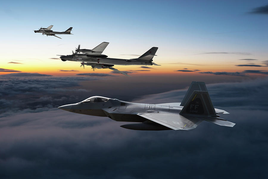 Twilight Intercept - F-22A Raptor and Russian Bears Digital Art by Erik Simonsen