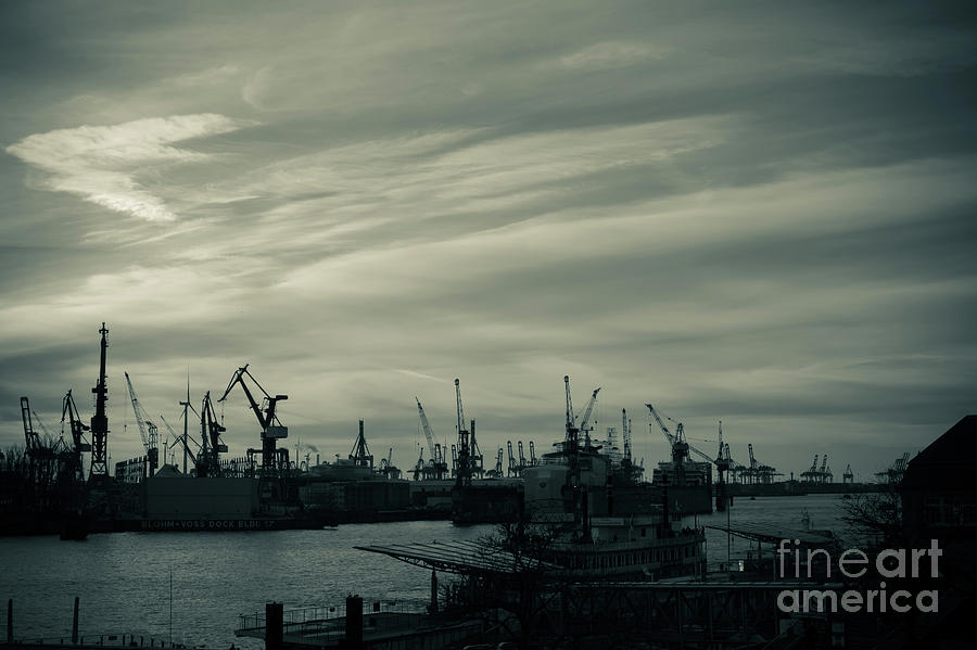 Twilight over the Port of Hamburg.Monochrome Photograph by Marina Usmanskaya