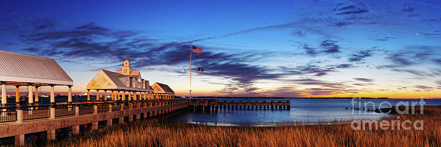Twilight Panorama of Charleston Waterfront Pier and Cooper River - Lowcountry of South Carolina Photograph by Silvio Ligutti