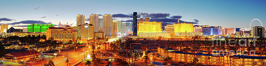 Twilight Panorama of Las Vegas Skyline and Hotels - Clark County Nevada - Mojave Desert Photograph by Silvio Ligutti