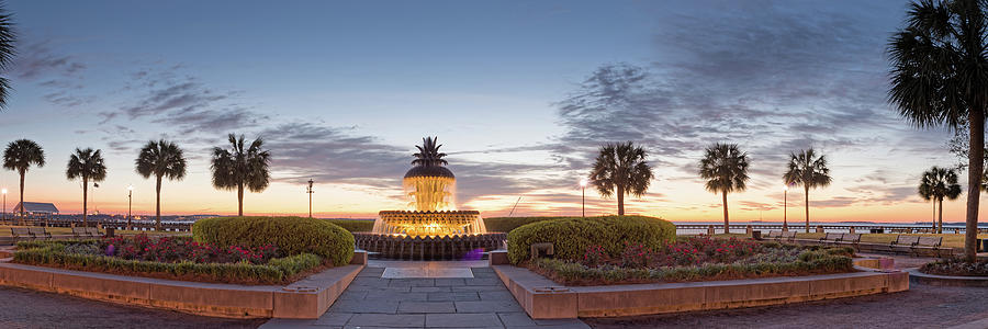 Twilight Panorama of Pineapple Fountain and Palmettos at Waterfront Park - Charleston South Carolina Photograph by Silvio Ligutti