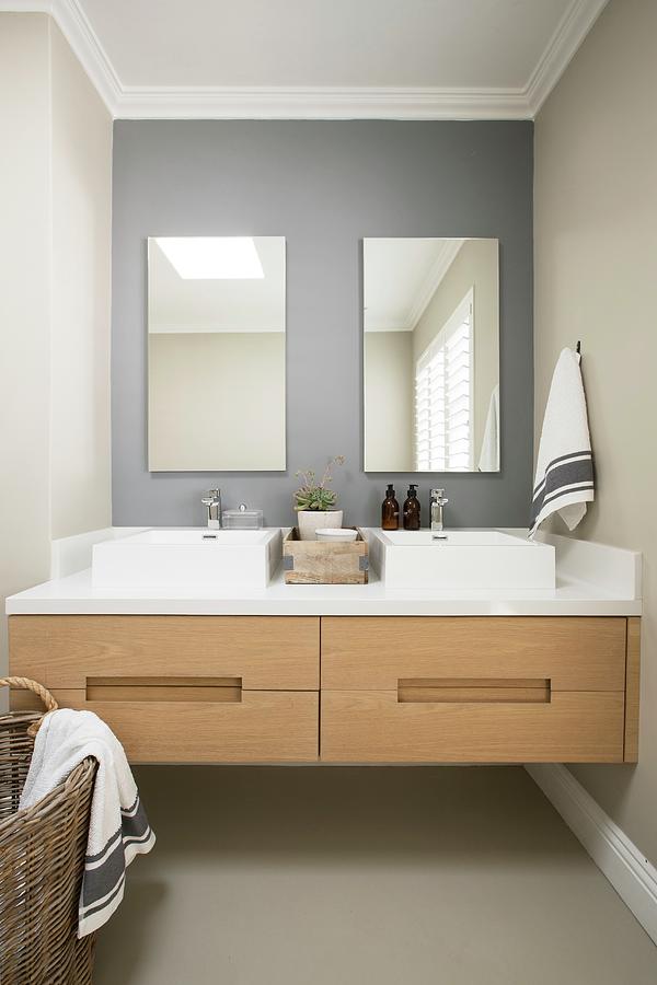 Twin Countertop Sinks On Floating Washstand In Niche Photograph by Great Stock!