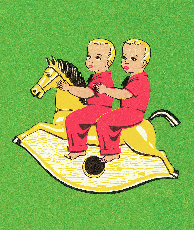 Vintage Drawing - Twins on a rocking horse by CSA Images