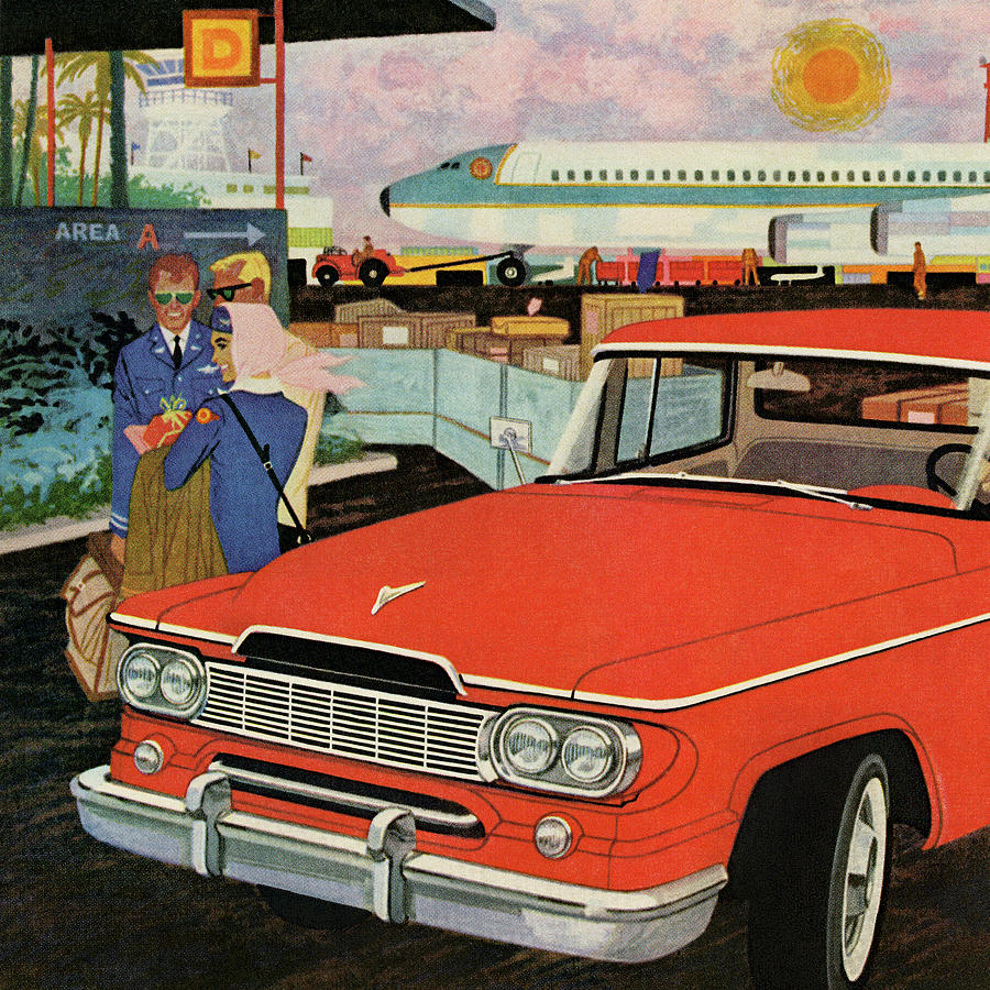 Transportation Drawing - Two Airline Employees With Red Car by CSA Images