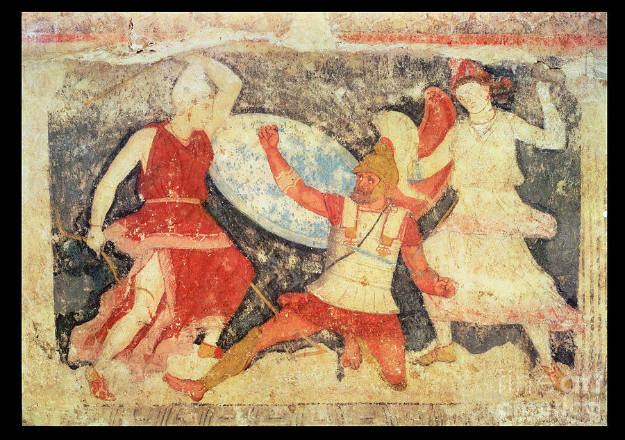 Battle Painting - Two Amazons In Combat With A Greek, From Tarquinia, 370-360 Bc by Etruscan