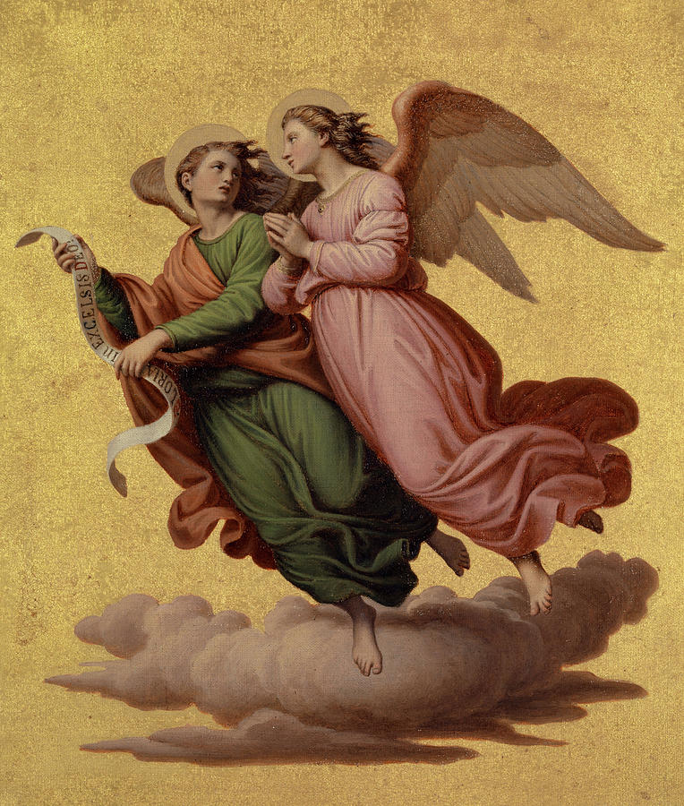 Dove Painting - Two Angels Floating by Johann von Schraudolph