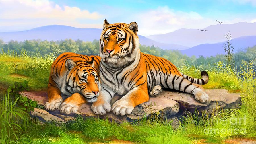Two Awesome Tigers In Pasture Ultra Hd Painting