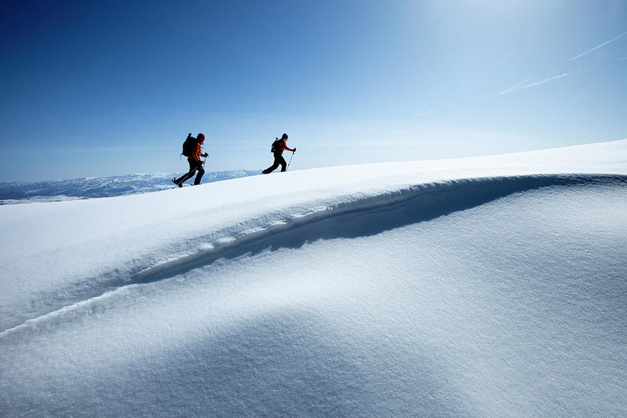 Two Backcountry Skiers Hiking In Fresh Photograph by Trevor Clark