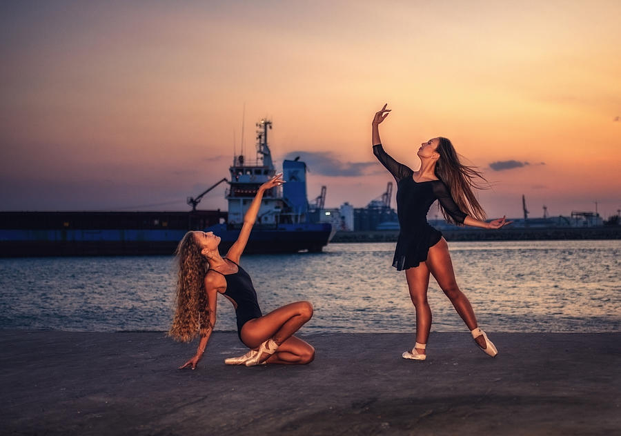 Two Ballerinas Dancing At Sunset Photograph by Vasil Nanev