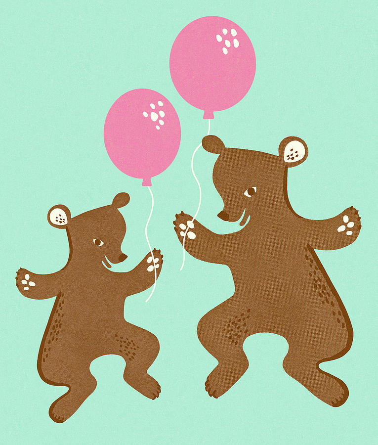 Vintage Drawing - Two Bears with Balloons by CSA Images