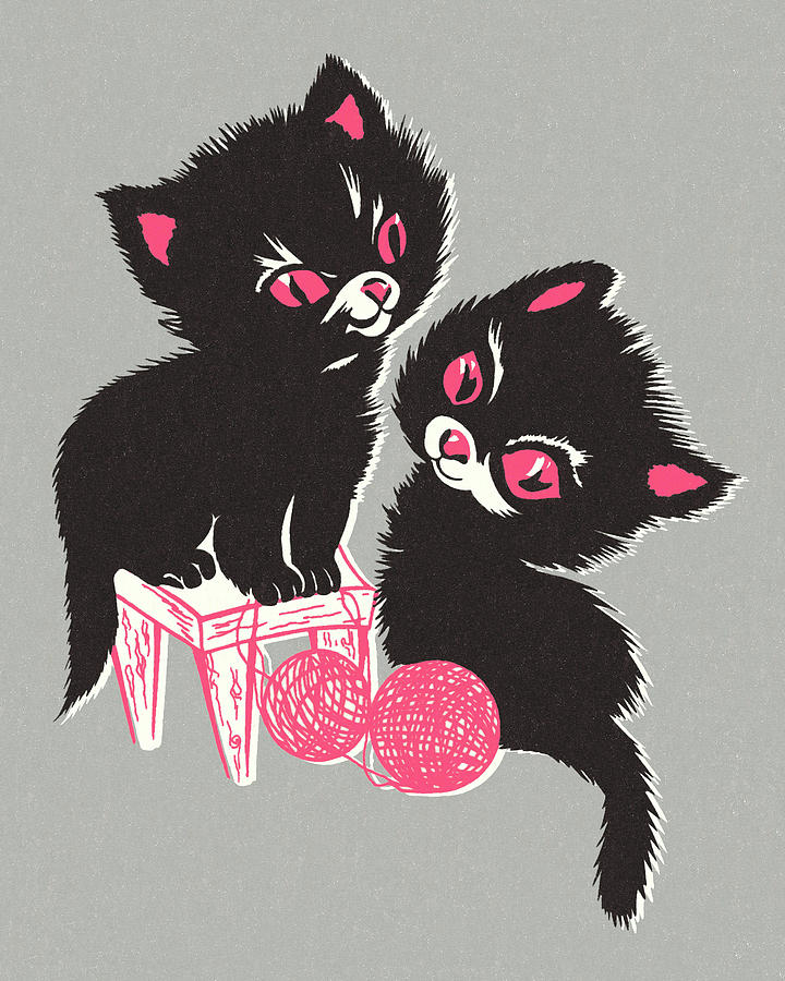 Vintage Drawing - Two Black Kittens with Yarn by CSA Images