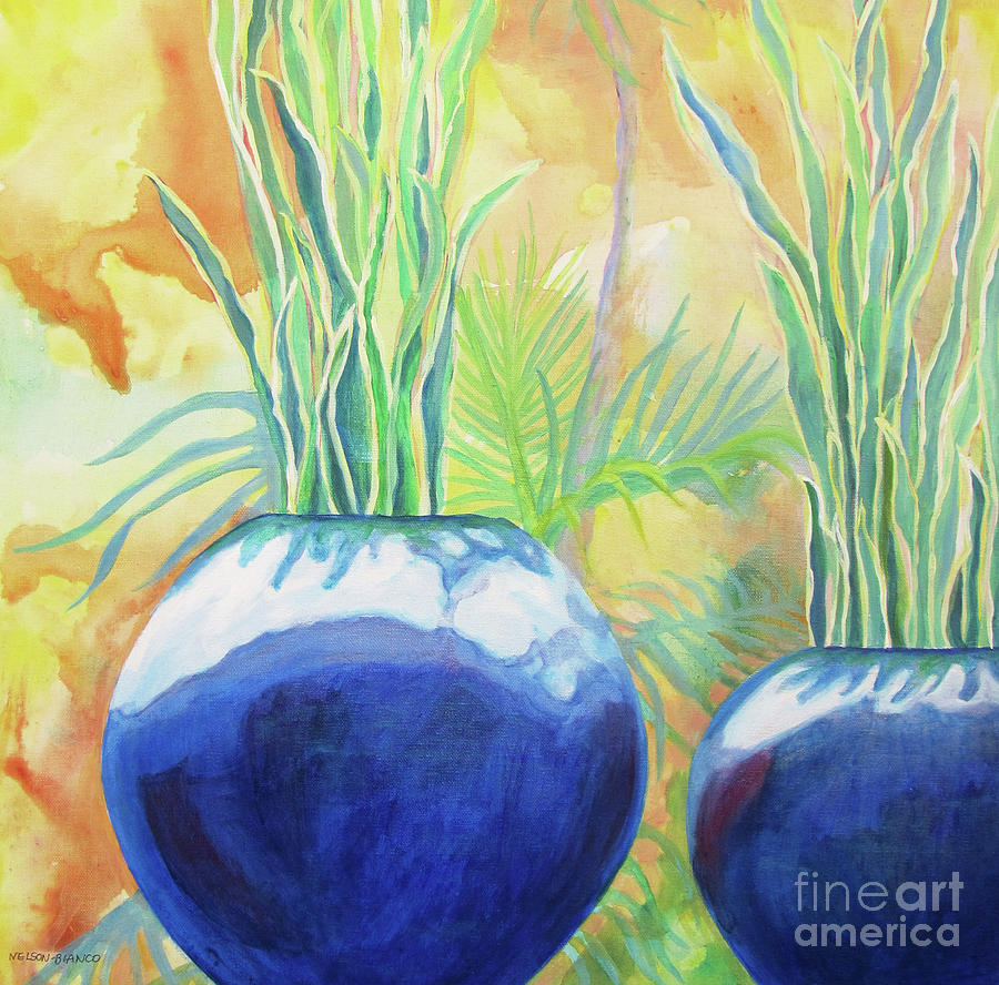 Two Blue Pots Painting by Sharon Nelson-Bianco