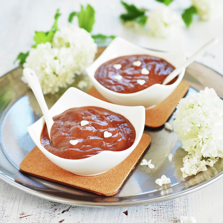 Two Bowls Of Chocolate Pudding With White Sugar Hearts Photograph by Mariola Streim