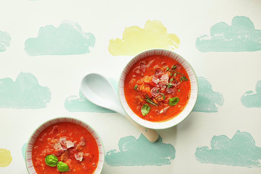 Two Bowls Of Tomato Soup With Bacon Photograph by Meike Bergmann