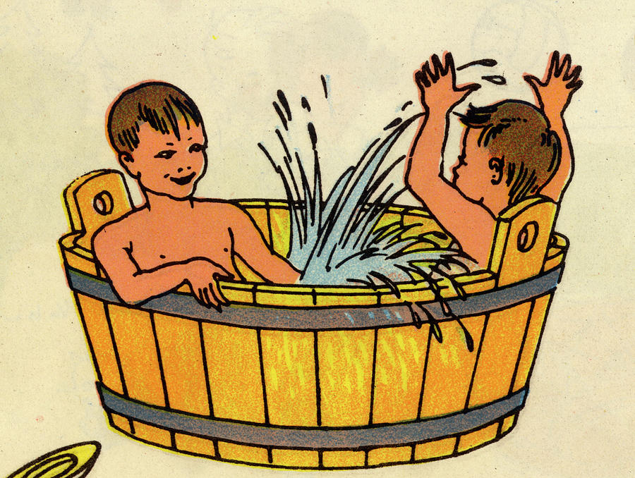 Two Boys Bathe in a Wooden Barrel Tub Painting by Unknown
