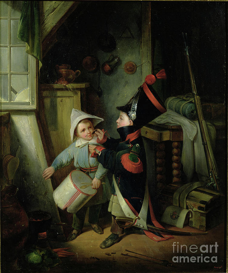 Hat Painting - Two Boys Dressing Up As Soldiers by Claude Jacquand