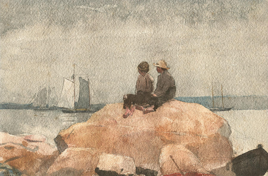 Two Boys Watching Schooners Drawing by Winslow Homer