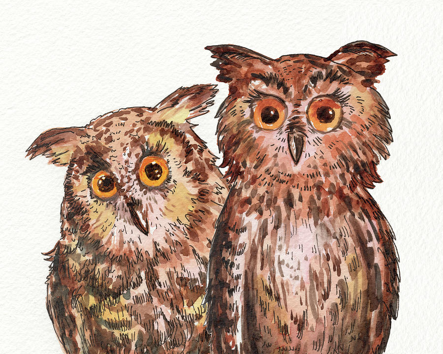 Two Brothers Baby Owls Watercolor Painting by Irina Sztukowski