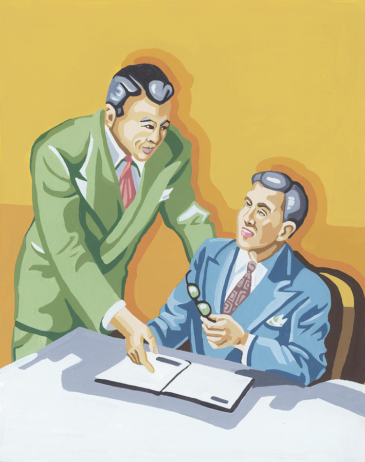 Vintage Drawing - Two Businessmen in a Meeting by CSA Images