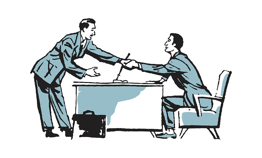Vintage Drawing - Two Businessmen Shaking Hands Over a Desk by CSA Images