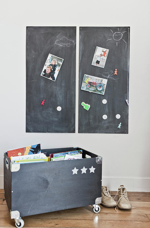 Two Chalkboards On Wall Above Wooden Toy Box Photograph by Anne-catherine Scoffoni