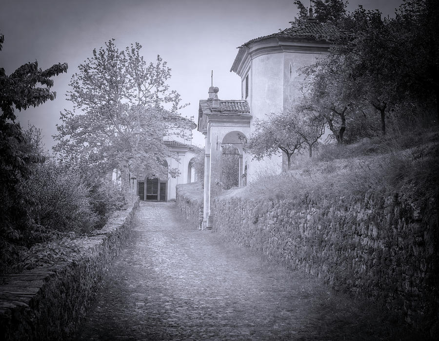 Two Chapels on the Trail Lake Como Italy BW Photograph by Joan Carroll