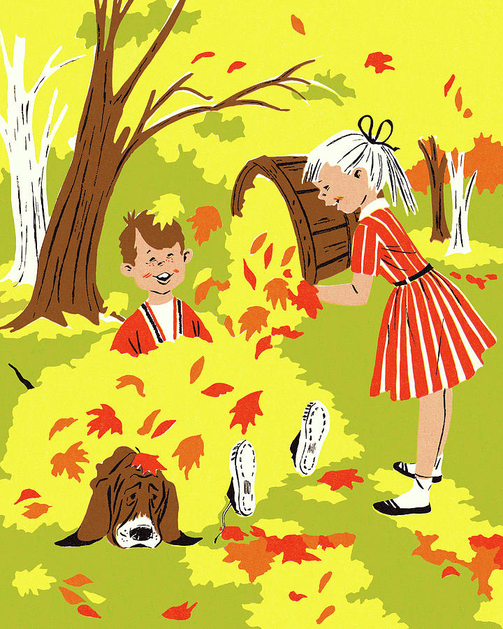 Fall Drawing - Two Children and a Dog Playing in the Leaves by CSA Images