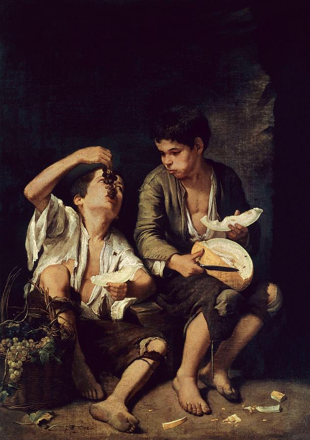 Two Children Eating a Melon and Grapes - 1650 - oil on canvas - Spanish  Baroque. Painting by Bartolome Esteban Murillo -1611-1682- - Fine Art  America