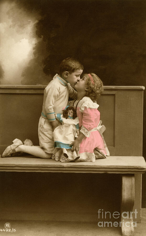 Two Children Kissing, 1910 Colored Toned Silver Print Photograph by Unknown Artist Two Children Kissing, 1910 Colored Toned Silver Print Photograph by Unknown Artist