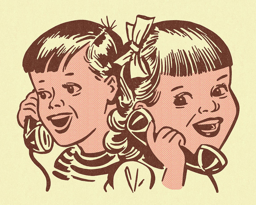 Vintage Drawing - Two Children Talking on Phone by CSA Images