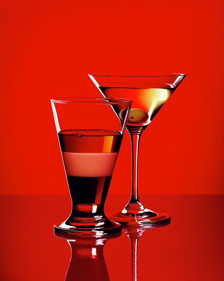 Two Cocktails On A Red Background, Cocktail, Drink Photograph by R. Striegl