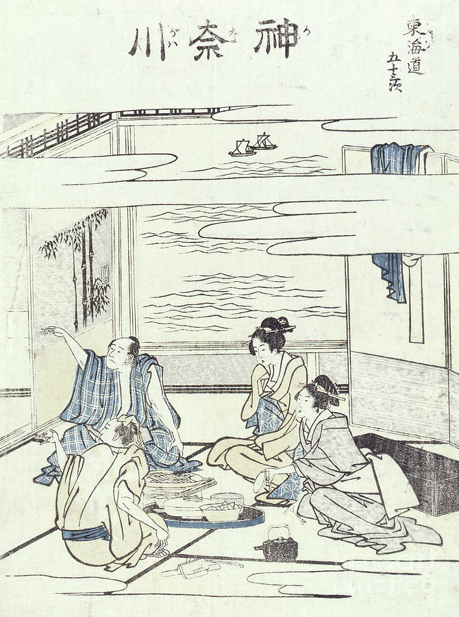 Two Couples In An Interior Woodblock Print Painting by Katsushika Hokusai
