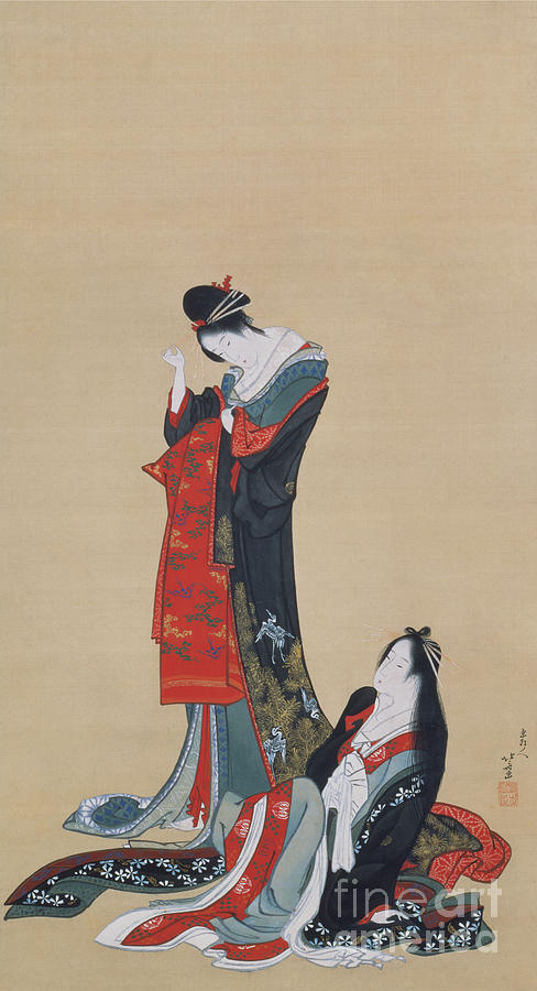 Two Courtesans, Edo Period, Circa 1805 Ink And Colour On Silk Painting by Hokusai