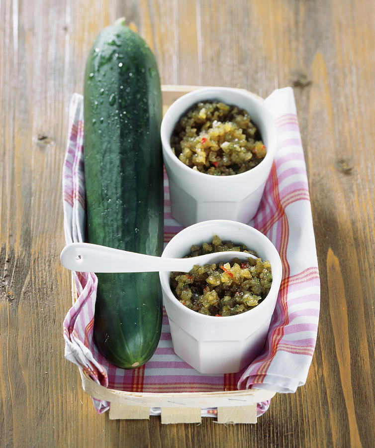 Two Cups Of Cucumber Relish In A Basket Photograph by Teubner Foodfoto