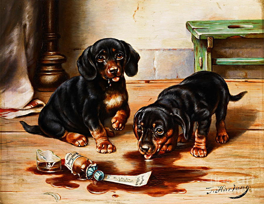 Two Dachshunds with Medicine Painting by Peter Ogden