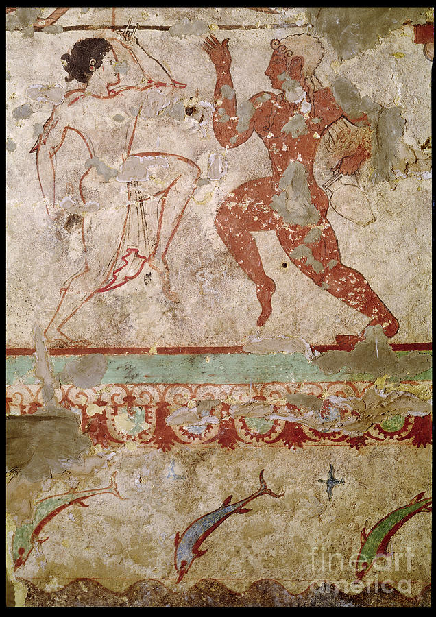 Dolphin Painting - Two Dancers And Dolphins Leaping Through Waves, Frieze From The Tomb Of The Lionesses In The Necropolis, C.520 Bc by Etruscan