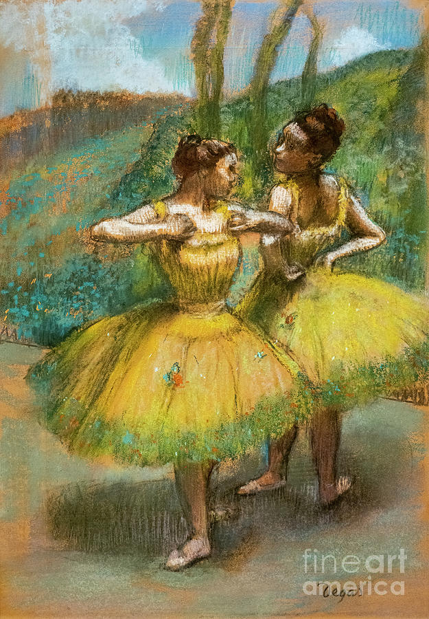 Two Dancers In Yellow Around 1896 Pastel And Charcoal Painting by Edgar Degas