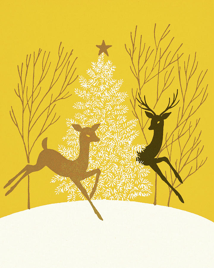 Christmas Drawing - Two Deer and a Christmas Tree by CSA Images
