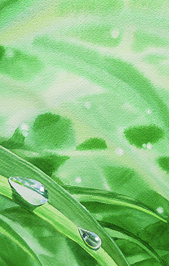 Two Dew Drops Green Watercolor Painting by Irina Sztukowski