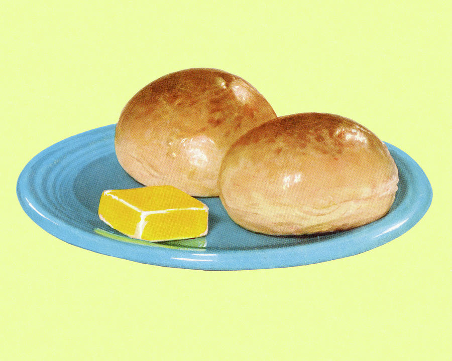 Bread Drawing - Two Dinner Rolls and Butter by CSA Images
