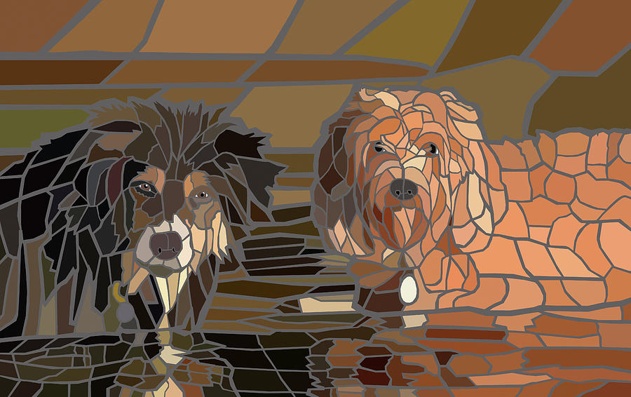 Dog Painting - Two Dogs Playing In Water by Jonathan Mandell