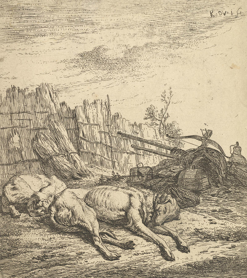 Two dogs sleeping on the ground Relief by Karel Dujardin