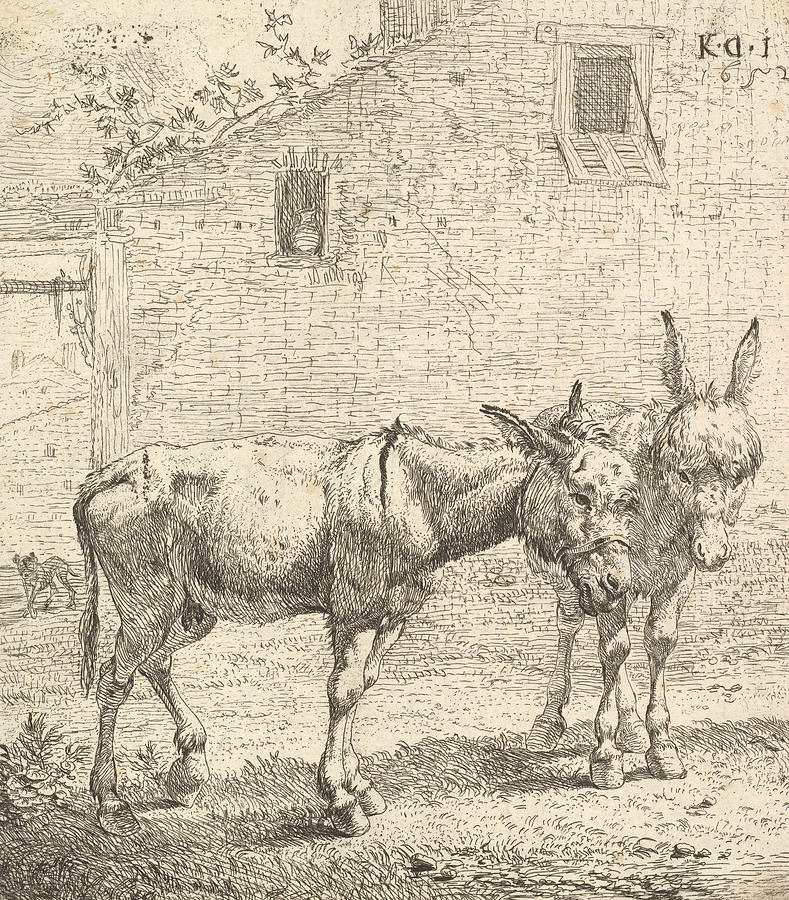 Two donkeys standing in a grassy yard, one in profile view facing right Relief by Karel Dujardin
