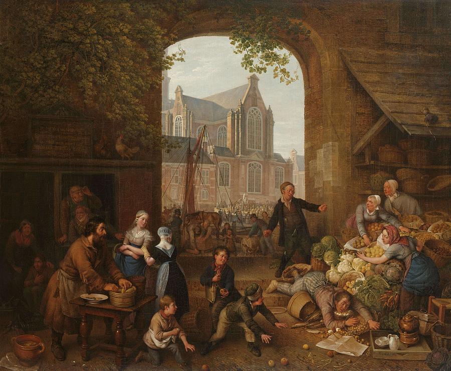 Two Drunkards at the Market near the Westerkerk in Amsterdam. Painting by Peter Paul Joseph Noel -1789-1822-