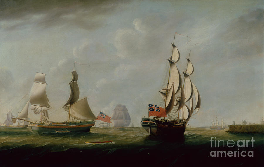 Two English Collier Brigs Off Whitby With Other Shipping Beyond Painting by John Askew