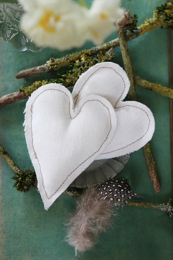 Two Fabric Hearts And Spotted Feather On Twigs Photograph by Regina Hippel